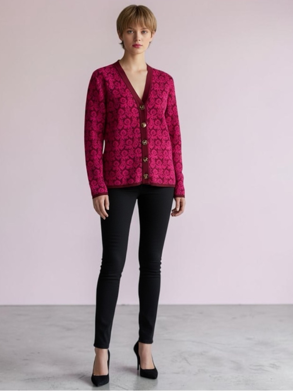 Yves Saint Laurent Fuchsia Pink Patterned V-Neck Button Cardigan Jacket